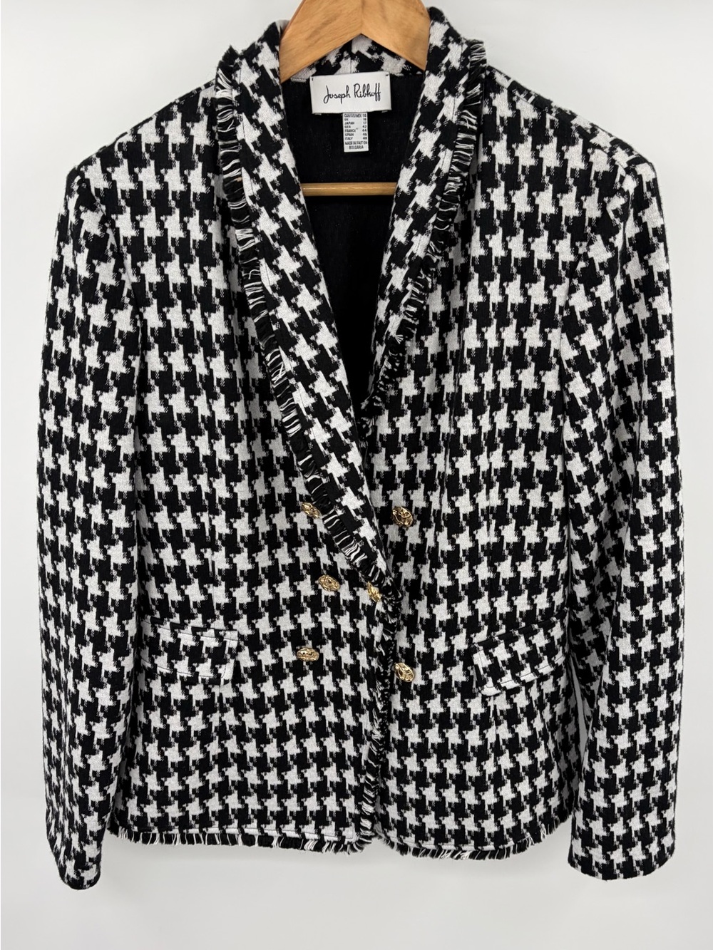 Joseph Ribkoff black and white houndstooth gold button tweed blazer women’s 14